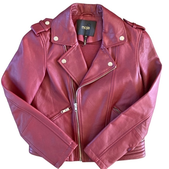 Maje Lamb Leather Bordeaux Basilta Moto Jacket NWOT in Burgundy - Picture 12 of 15